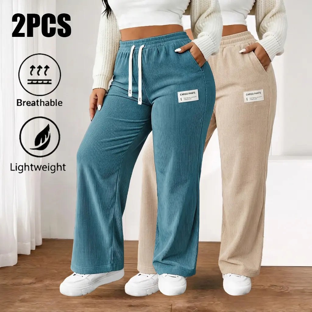 Women'S 2-Pack Baggy Corduroy Pants, High-Waist Wide-Leg Trousers with Elastic Drawstring, Oversized Straight Cut, Lightweight Breathable Synthetic Fiber, Outdoor-Ready Wear for Casual Back to School, Baggy Pants
