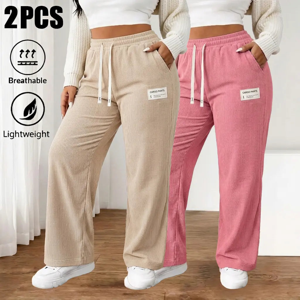 Women'S 2-Pack Baggy Corduroy Pants, High-Waist Wide-Leg Trousers with Elastic Drawstring, Oversized Straight Cut, Lightweight Breathable Synthetic Fiber, Outdoor-Ready Wear for Casual Back to School, Baggy Pants