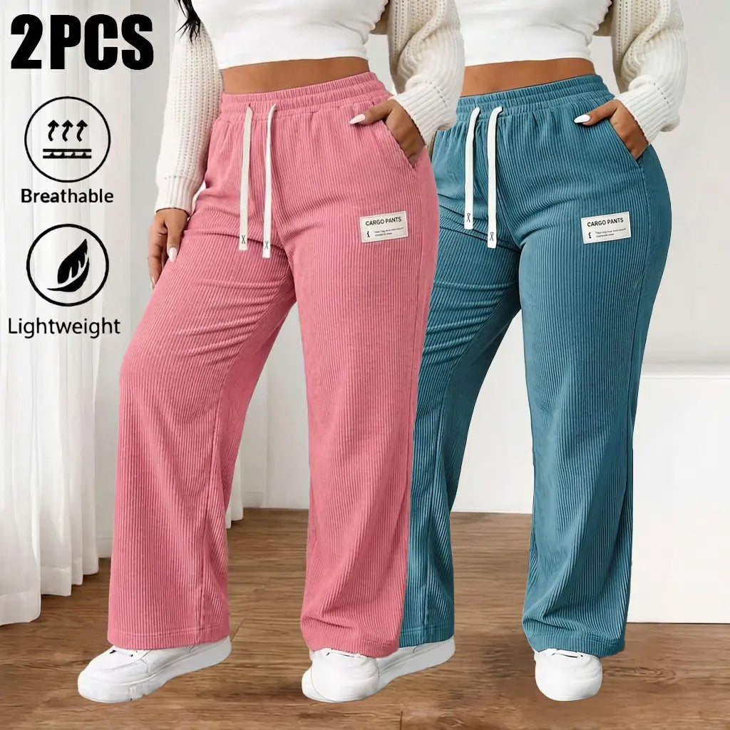 Women'S 2-Pack Baggy Corduroy Pants, High-Waist Wide-Leg Trousers with Elastic Drawstring, Oversized Straight Cut, Lightweight Breathable Synthetic Fiber, Outdoor-Ready Wear for Casual Back to School, Baggy Pants