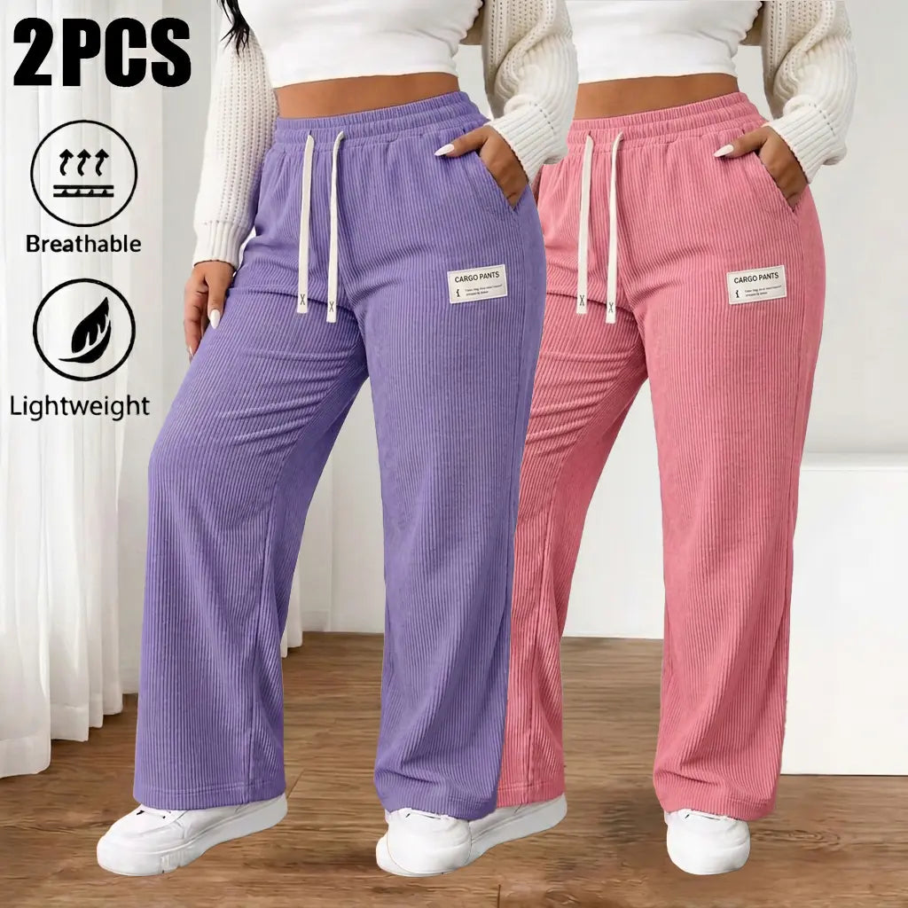Women'S 2-Pack Baggy Corduroy Pants, High-Waist Wide-Leg Trousers with Elastic Drawstring, Oversized Straight Cut, Lightweight Breathable Synthetic Fiber, Outdoor-Ready Wear for Casual Back to School, Baggy Pants