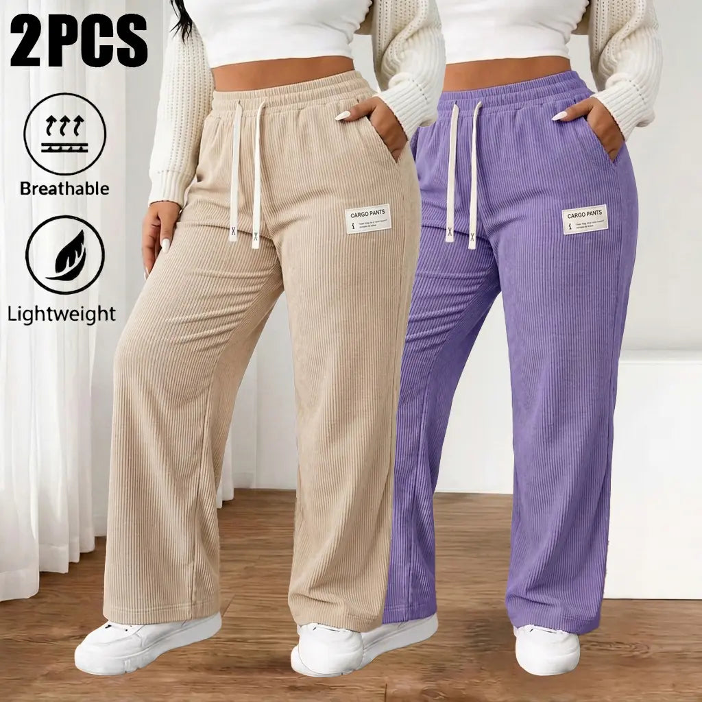 Women'S 2-Pack Baggy Corduroy Pants, High-Waist Wide-Leg Trousers with Elastic Drawstring, Oversized Straight Cut, Lightweight Breathable Synthetic Fiber, Outdoor-Ready Wear for Casual Back to School, Baggy Pants