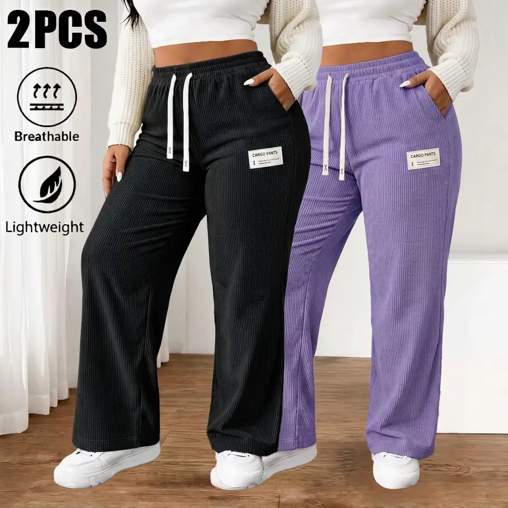 Women'S 2-Pack Baggy Corduroy Pants, High-Waist Wide-Leg Trousers with Elastic Drawstring, Oversized Straight Cut, Lightweight Breathable Synthetic Fiber, Outdoor-Ready Wear for Casual Back to School, Baggy Pants
