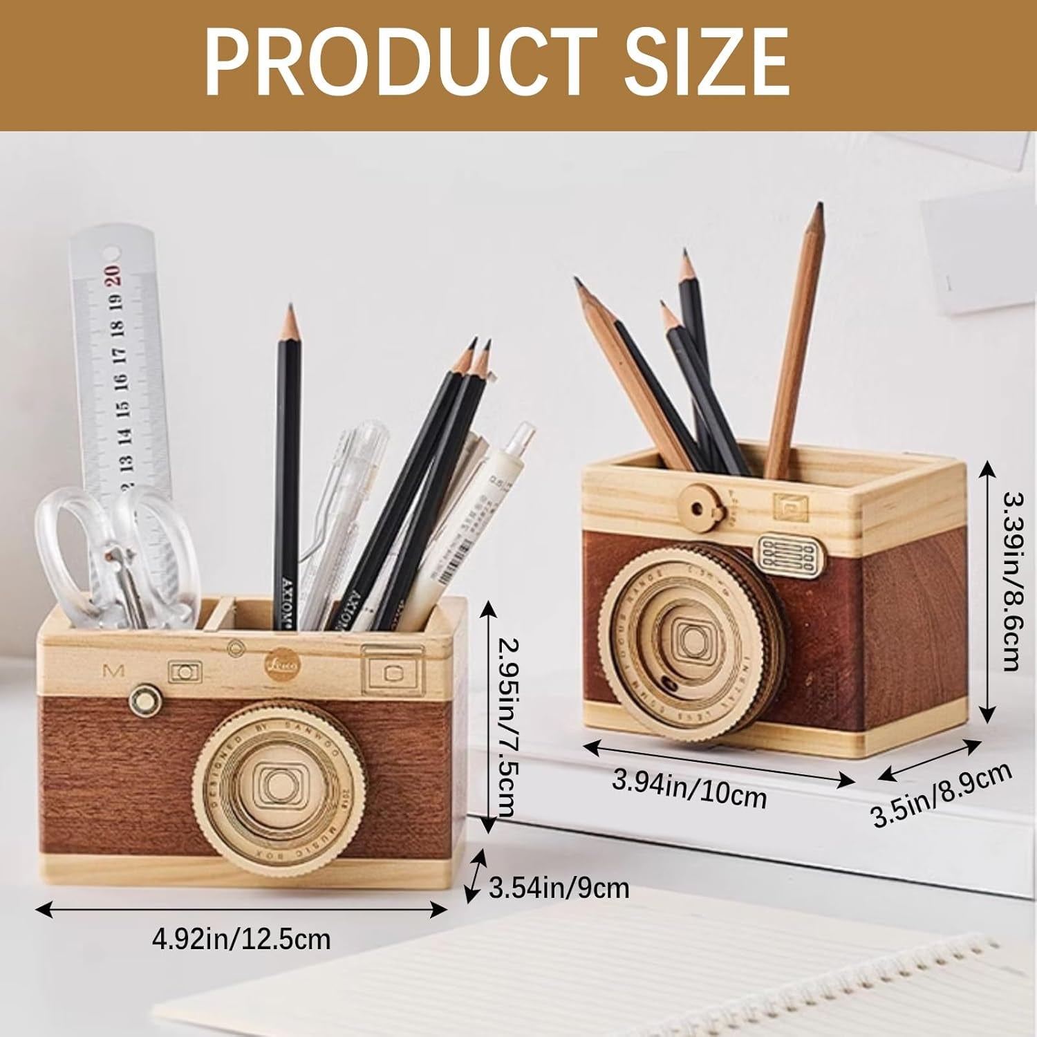Portalápices Cámara Retro de Madera - Organizador de Escritorio Vintage para Bolígrafos