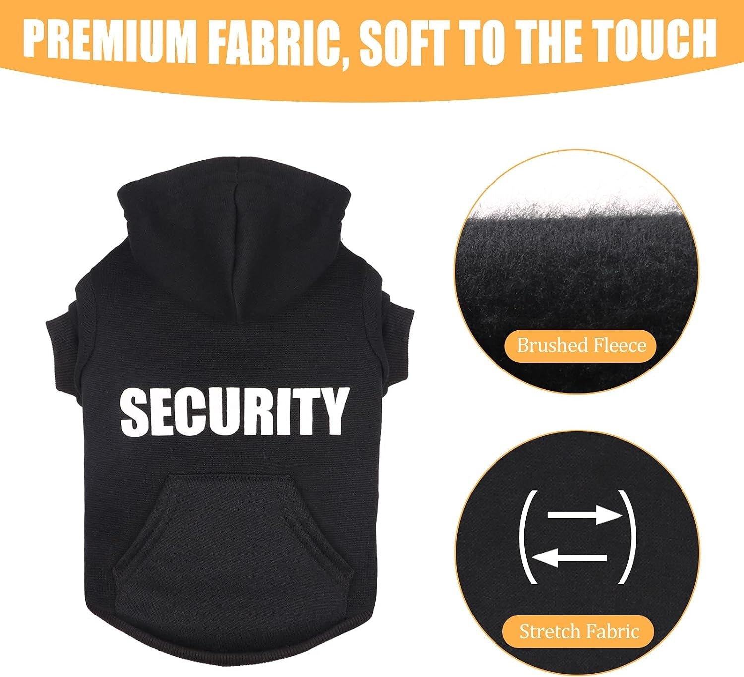 Perro con sudadera Security negra, vista lateral con texto en la espalda