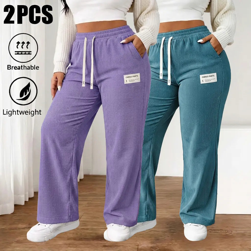 Women'S 2-Pack Baggy Corduroy Pants, High-Waist Wide-Leg Trousers with Elastic Drawstring, Oversized Straight Cut, Lightweight Breathable Synthetic Fiber, Outdoor-Ready Wear for Casual Back to School, Baggy Pants