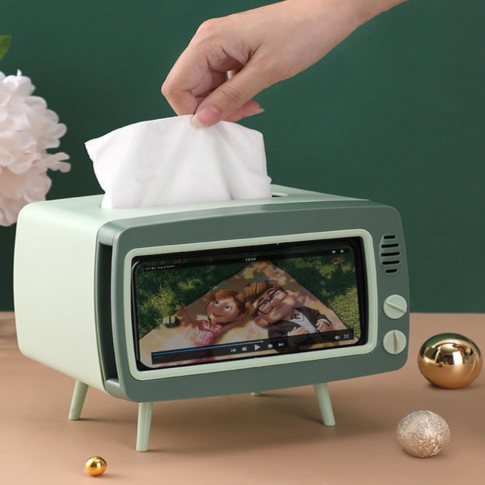 Detalle del soporte para smartphone integrado en la caja de pañuelos TV retro