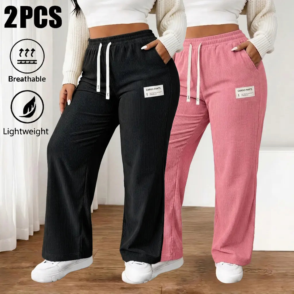 Women'S 2-Pack Baggy Corduroy Pants, High-Waist Wide-Leg Trousers with Elastic Drawstring, Oversized Straight Cut, Lightweight Breathable Synthetic Fiber, Outdoor-Ready Wear for Casual Back to School, Baggy Pants