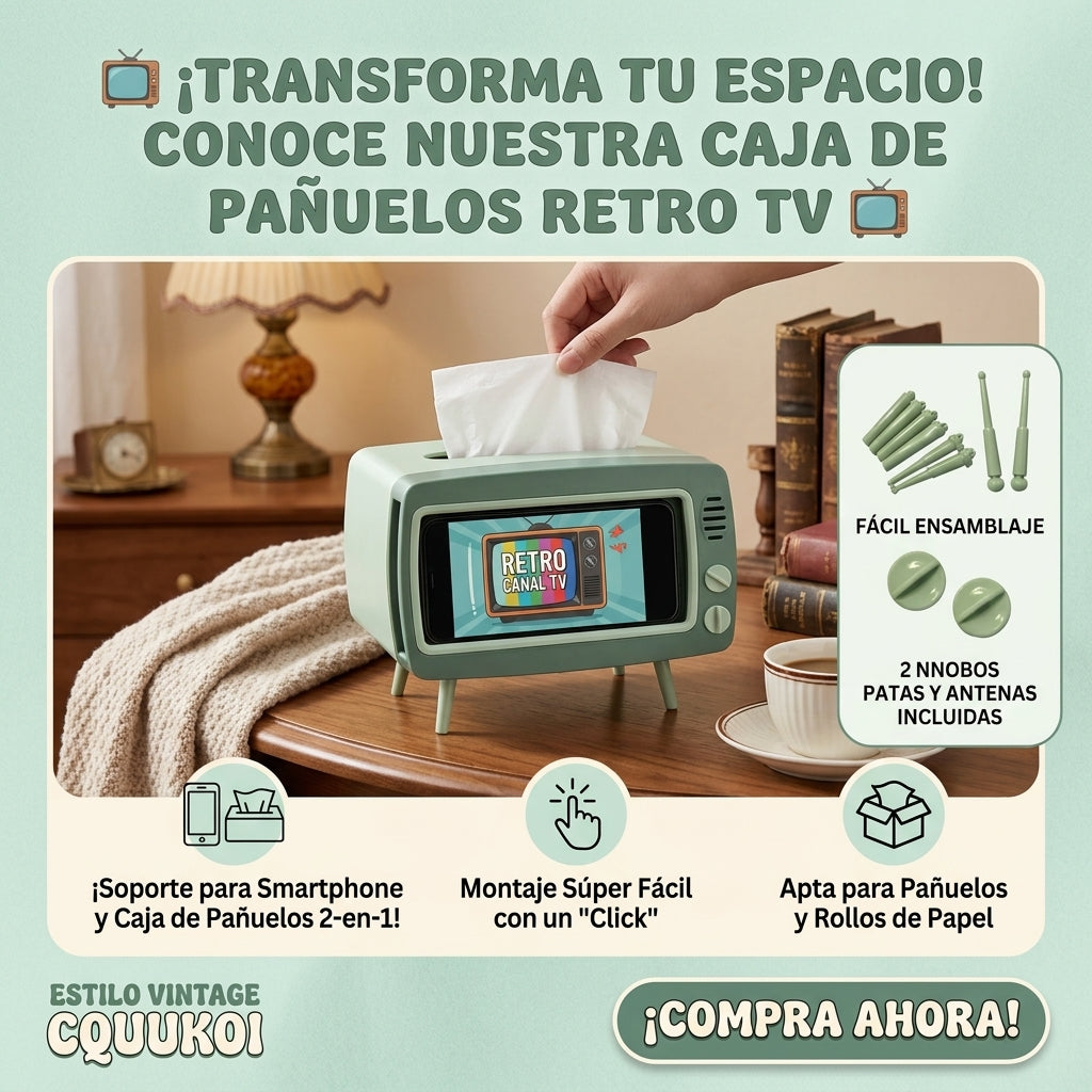 Soporte móvil retro TV con caja de pañuelos estilo vintage años 80