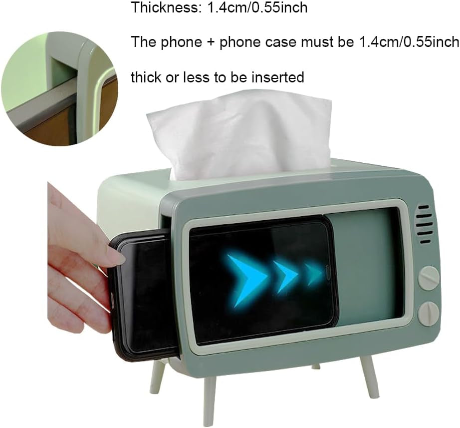 Fun Cute TV Tissue Box Holder,Multi Functional Square Tissue Box Cell Phone Holder for All Smartphone Toilet Paper Napkin Box Desktop Decoration for Room Bathroom Kitchen Dining (Green)
