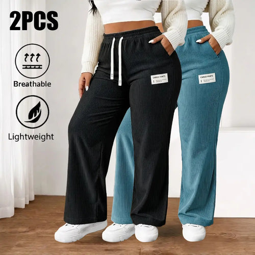 Women'S 2-Pack Baggy Corduroy Pants, High-Waist Wide-Leg Trousers with Elastic Drawstring, Oversized Straight Cut, Lightweight Breathable Synthetic Fiber, Outdoor-Ready Wear for Casual Back to School, Baggy Pants
