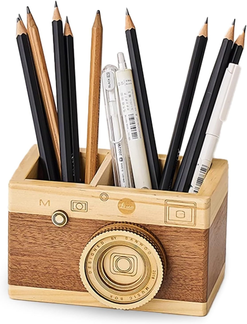 Portalápices Cámara Retro de Madera - Organizador de Escritorio Vintage para Bolígrafos