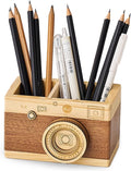 Portalápices Cámara Retro de Madera - Organizador de Escritorio Vintage para Bolígrafos