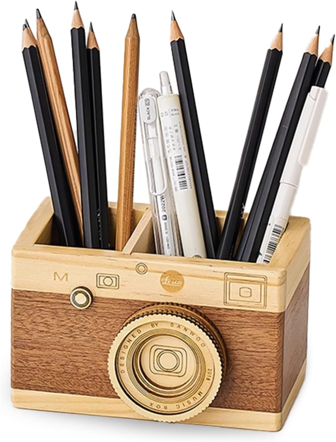 Portalápices Cámara Retro de Madera - Organizador de Escritorio Vintage para Bolígrafos