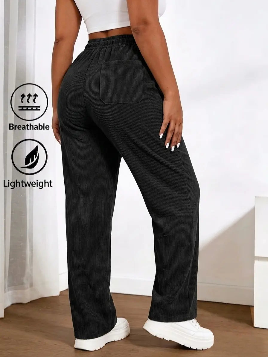 Women'S 2-Pack Baggy Corduroy Pants, High-Waist Wide-Leg Trousers with Elastic Drawstring, Oversized Straight Cut, Lightweight Breathable Synthetic Fiber, Outdoor-Ready Wear for Casual Back to School, Baggy Pants