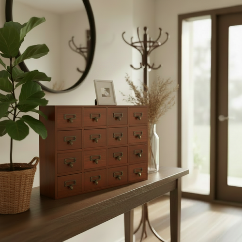 Organizador de madera vintage en recibidor con marco de foto encima, planta y jarrón