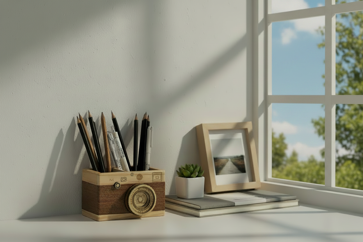 Portalápices cámara retro de madera en escritorio con ventana, libretas y suculenta