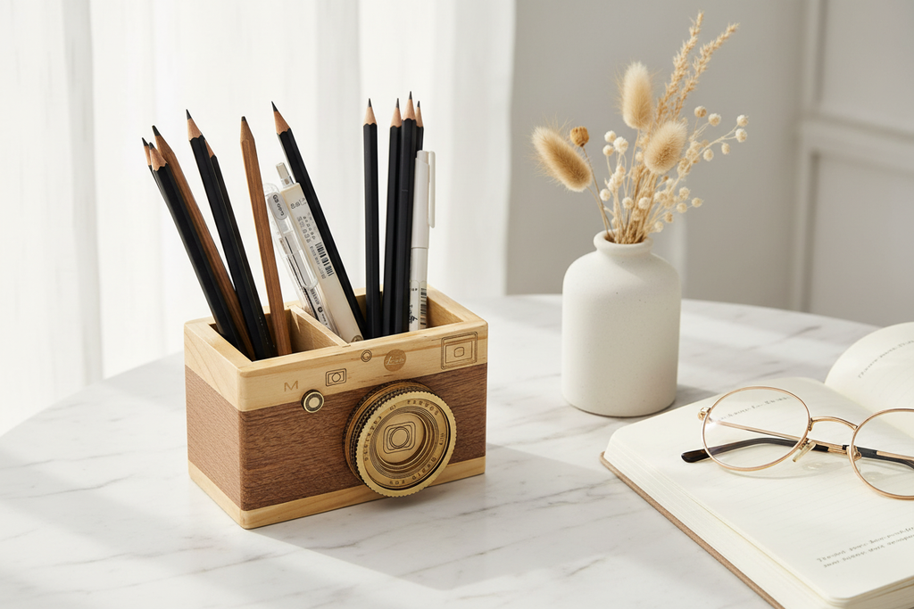 Portalápices cámara retro de madera sobre superficie de mármol blanco con flores secas, libreta y gafas