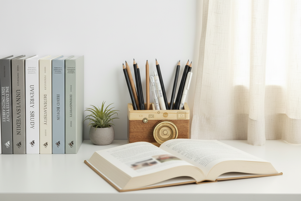Portalápices cámara retro de madera en escritorio con ventana con cortina y libro abierto