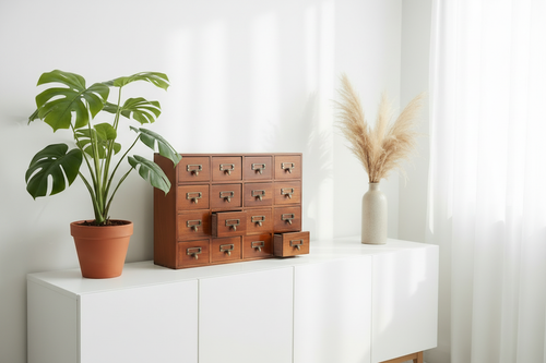 Organizador de madera vintage con cajones, planta monstera a la izquierda y jarrón de pampas a la derecha