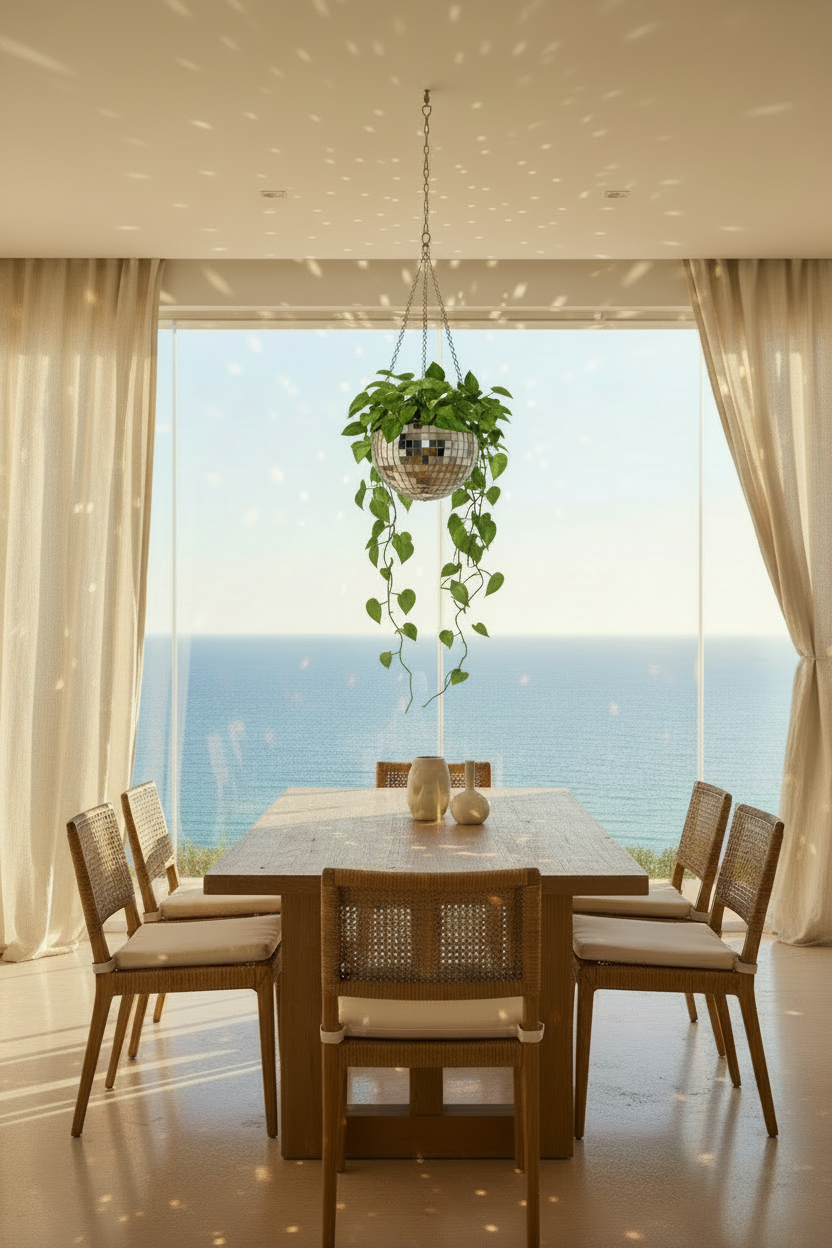 Macetero bola de discoteca plateado colgando en comedor mediterráneo con vistas al mar